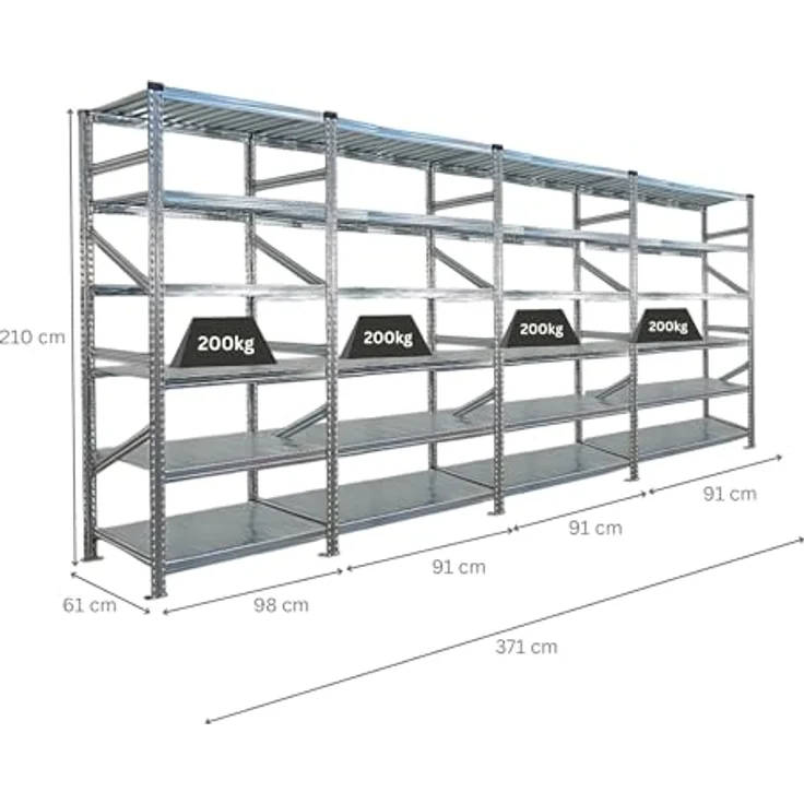 Proregal PROXIMO Metallregal, Schraubenloses Steckregalsystem mit 6 Böden, 210 x 90 x 60 cm, Traglast 200 kg pro Boden, verzinkter Stahl – Bild 2