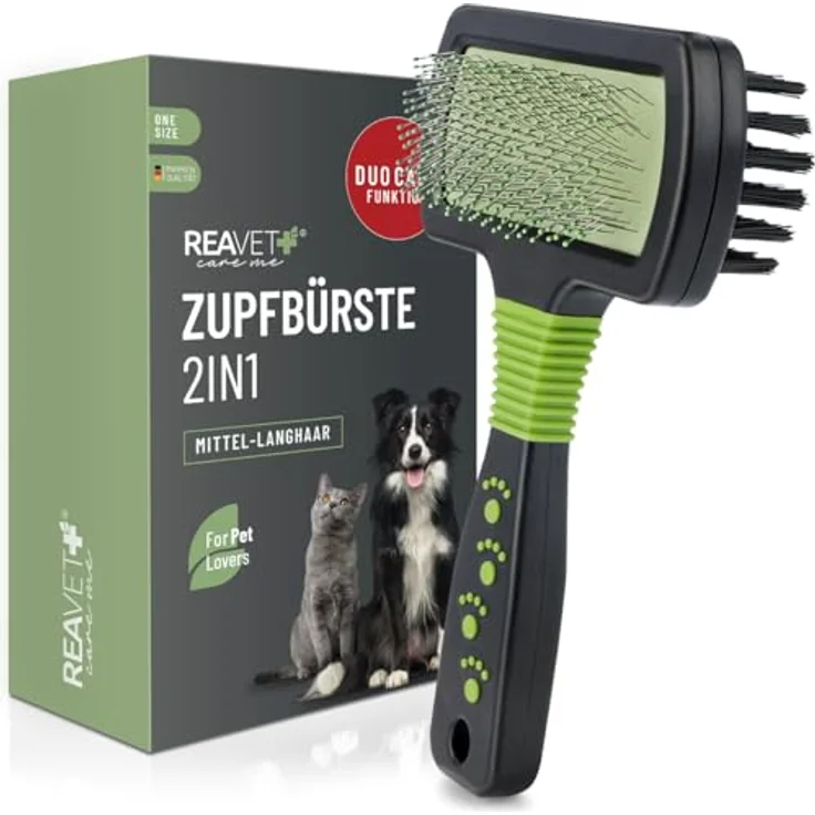 ReaVET Zupfbürste 2in1 - Hundebürste, Katzenbürste mit Langhaar - Fellbürste für Hunde, Katzen I Bürste für die tägliche Fellpflege I Doppelseitige Haustierbürste mit sanften Borsten & Zinken – Bild 1