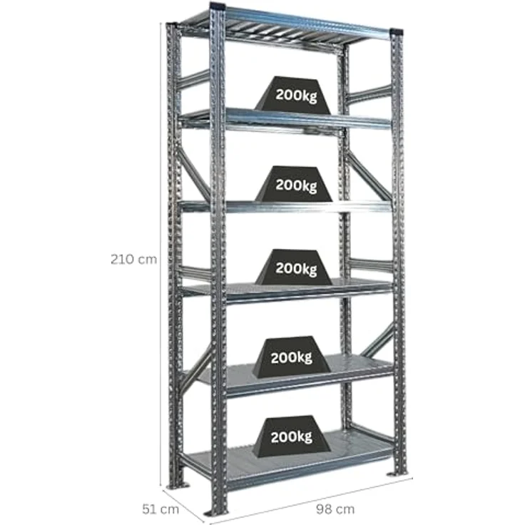 Proregal PROXIMO Metallregal Fachbodenregal, verzinkter Stahl, 210 x 90 x 50 cm, 6 Böden, Traglast 200 kg pro Boden, steckbar – Bild 2