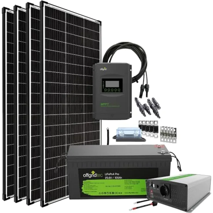 Offgridtec Autark Pro XL 24V 800W Solaranlage, 2000W Sinus-Spannungswandler, 100Ah LiFePO4 Akku, MPPT Laderegler mit Display, Plug & Play für Wohnmobil & autarke Haushalte