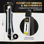 KRAFTFELS Cuttermesser Profi 5er Set - Robustes Cuttermesser 18mm inklusive 10 extrem scharfen Klingen - Rutschfestes Cutter & Universalmesser Teppichmesser - Aluminiumgehäuse - Ersatzklingen 18mm - Sturz- & stoßfest - Rostschutz-Ölfilm