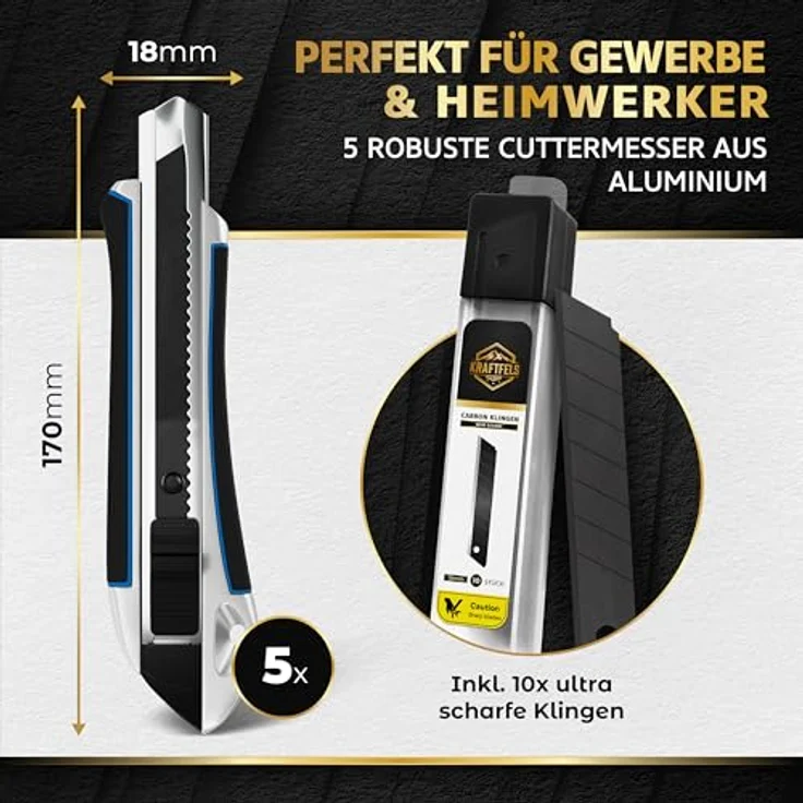 KRAFTFELS Cuttermesser Profi 5er Set - Robustes Cuttermesser 18mm inklusive 10 extrem scharfen Klingen - Rutschfestes Cutter & Universalmesser Teppichmesser - Aluminiumgehäuse - Ersatzklingen 18mm - Sturz- & stoßfest - Rostschutz-Ölfilm – Bild 1