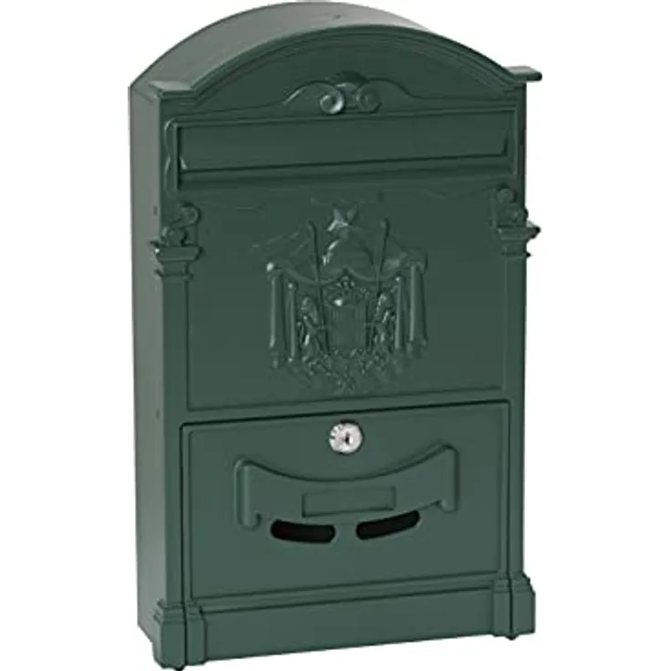 Briefkasten aus Aluminium im klassischen Stil, Größe M (DIN A4), Eleganter Wandbriefkasten für Draußen, Dekorativer Postkasten mit Namensschild, Einfache Montage, Grün