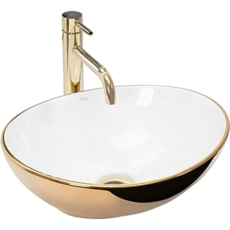 REA Aufsatzwaschbecken Sofia Oval Modern (345x410 mm, Gold/Weiß) – Bild 1