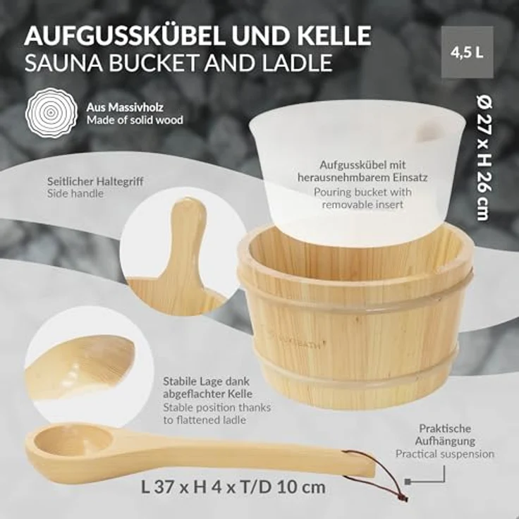 LuxeBath Saunazubehör-Set, 4-teilig aus massivem Kiefernholz, inkl. Aufgusskübel 4,5L mit Kunststoffeinsatz, Thermometer-Hygrometer & 15 Min. Sanduhr, langlebiges Sauna Zubehör – Bild 3