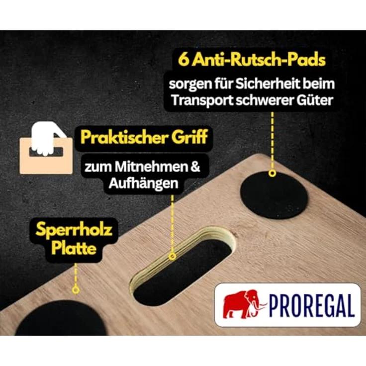 PROREGAL Profi Transportroller, 6er Set mit 6 Rollen, Traglast 300 kg, Sperrholzplatte, braun, HxBxT 11 x 30 x 68 cm – Bild 3
