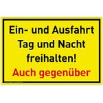 Schild Ein- und Ausfahrt | 30 x 20 cm | wetterfestes PVC-Schild mit UV-Schutz | signalgelb | Tag und Nacht freihalten Auch gegenüber | Einfahrt freihalten, Ausfahrt freihalten