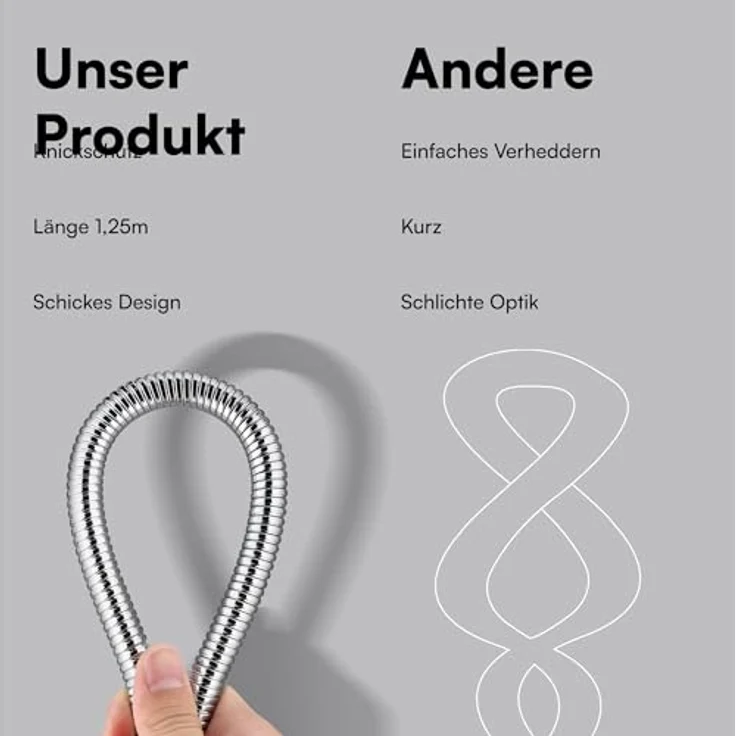 H&S Edelstahl Duschschlauch mit 2 Unterlegscheiben - 1,25m mit 1/2 Zoll Anschluss - Universal Brauseschlauch mit Chrom-Finish - Knickschutz Schlauch für Dusche & Badewanne – Bild 5