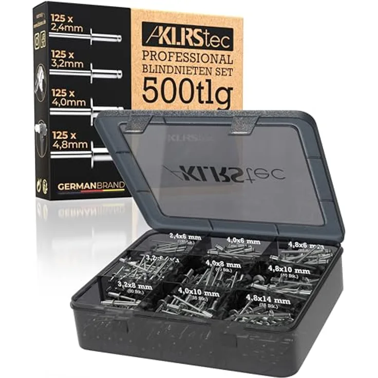 KLRS KLRStec Professional Blindnieten Set [500tlg.] Aluminium/Stahl Popnieten Set für Nietenzangen 125 Stk. jeder Größe (2,4mm, 3,2mm, 4,0mm und 4,8mm)
