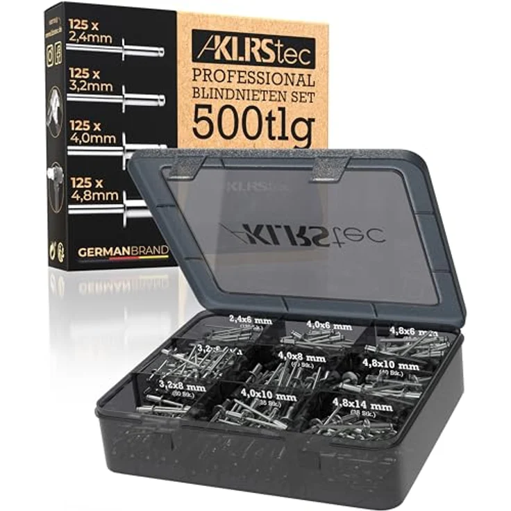 KLRS KLRStec Professional Blindnieten Set [500tlg.] Aluminium/Stahl Popnieten Set für Nietenzangen 125 Stk. jeder Größe (2,4mm, 3,2mm, 4,0mm und 4,8mm) – Bild 1