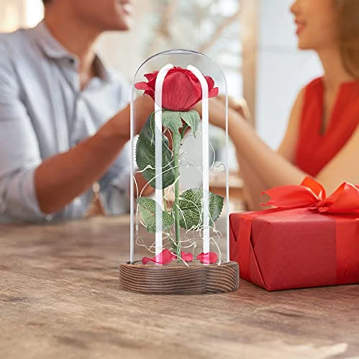 relaxdays Kunstblume Ewige Rose im Glas mit Licht, Höhe 22 cm, handgefertigt aus hochwertigen Materialien, romantische Atmosphäre (Rot) – Bild 6