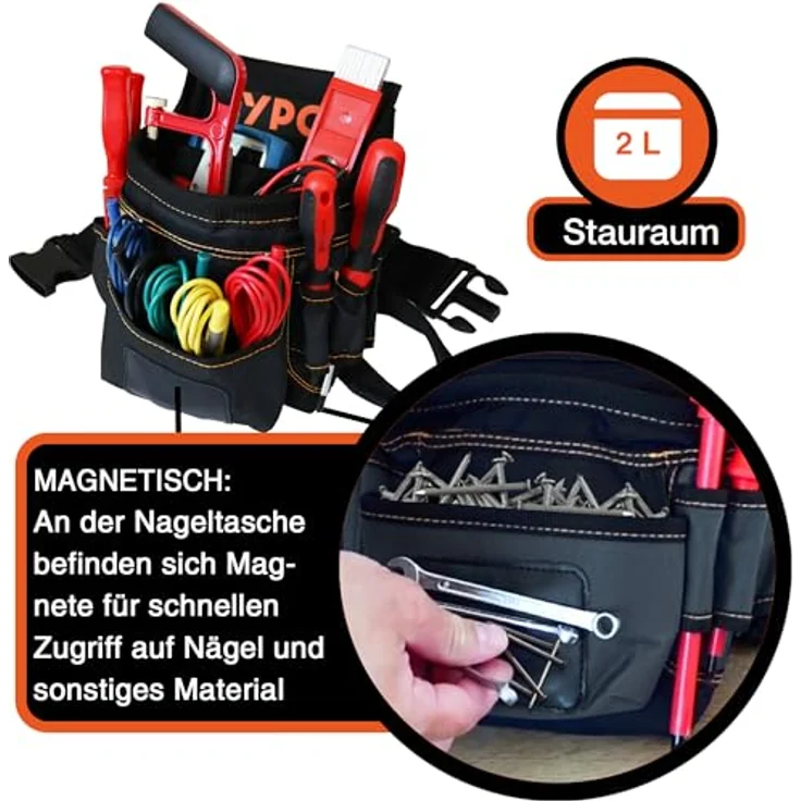 YPC Presto Werkzeug Gürteltasche XL – wasserfeste Werkzeugtasche mit 12 Taschen, Hammerschlaufe, 27x21x13cm, Schwarz, 5 kg Tragkraft – Bild 3