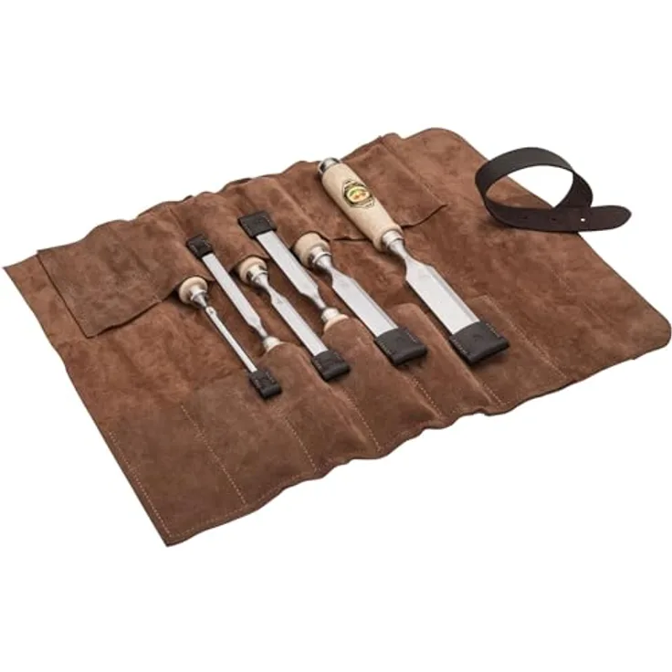 KIRSCHEN Stechbeitelsatz – 6-teiliges Stechbeitel Set mit Veloursleder-Tasche und Lederschneidenschutz, hochkohlenstoffhaltiger Werkzeugstahl, 25° Anschliffwinkel, 1171002