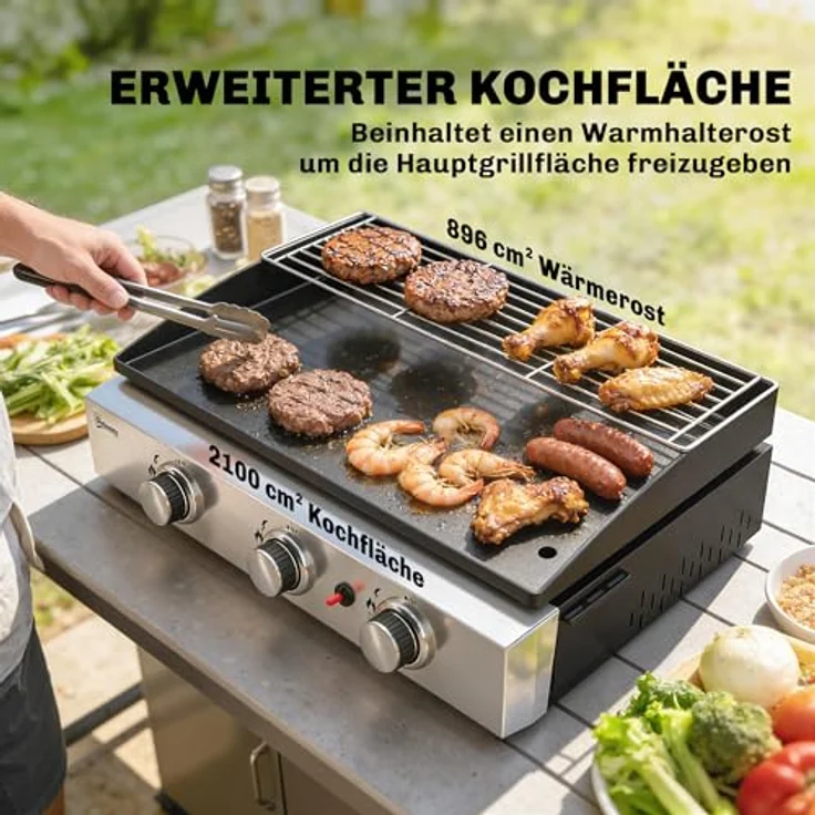 Outsunny Gasgrill 7,5 KW Tragbarer Tischgrill mit 3 Edelstahlbrennern, emaillierter Grillplatte, herausnehmbarem Fettauffangbehälter und Warmhalterost für Garten und Balkon – Bild 4