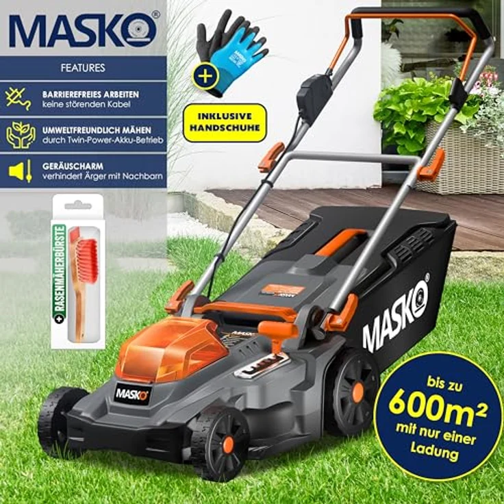 MASKO Akku Rasenmäher ECO-X10 inkl. 2X Akkus Li-Ion Batterie 4 Ah & Doppel-Ladegerät – Rasentrimmer Schnittbreite, 25-75mm Schnitthöhenverstellung Schwarz - Orange, Schnittbreite 43cm – Bild 3
