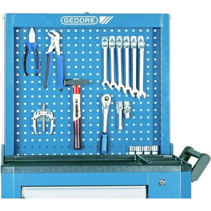 Gedore Werkzeugwagen R 2004 L, Montagewagen mit Lochblechrückwand, 768x770x116mm, absenkbar, verschließbar mit Zylinderschloss