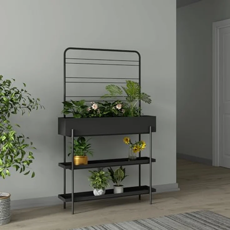 casa.pro Outdoor Pflanzenregal Aalsmeer, Pflanzenständer mit Blumenkasten und 2 Ablagen, Metall 154 x 96 x 24 cm, schwarz – Bild 3