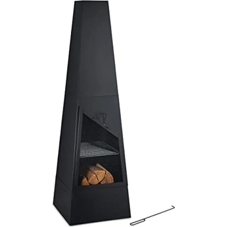 relaxdays Feuerstelle Gartenkamin schwarz, mit Grillfunktion und Funkenschutzgitter, H149 x B44,5 x T44,5 cm