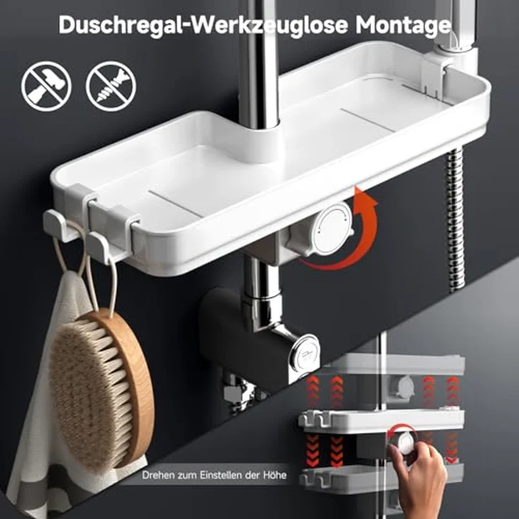 Rainsworth Duschsystem ohne Wasserhahn, Chrom – 30 x 30 cm Eck-Regendusche und Duschkopf mit 3 Strahlarten, mit Messing-Umsteller, Duschsäulen-Set mit Ablage – Bild 2