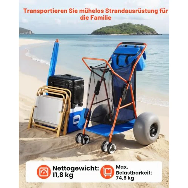 VEVOR Strandwagen mit Ballonreifen (12 Zoll), Faltbarer Strandtrolley mit Isoliertasche & Schirmhalter, 75 kg Tragkraft für bis zu 4 Strandstühle, ideal für Camping und Angeln – Bild 2