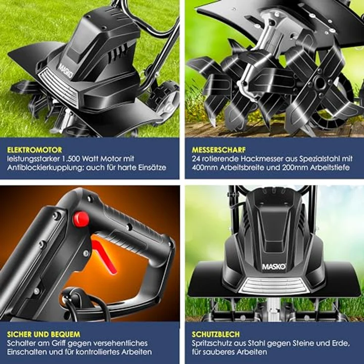 MASKO elektrische Motorhacke 1500 Watt, 40cm Arbeitsbreite, 20cm Arbeitstiefe, klappbarer Handgriff, Metallgehäuse, Transporträder Schwarz - Preisvergleich – Bild 3