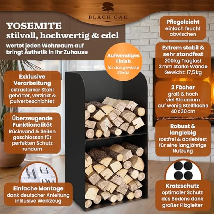 BLACK OAK Kaminholzregal YOSEMITE, 80x40x30cm schwarz, Metall Stahl, wetterfest, bis 200kg Holz, pulverbeschichtet, mit geschlossener Rückwand & Seiten – Bild 3