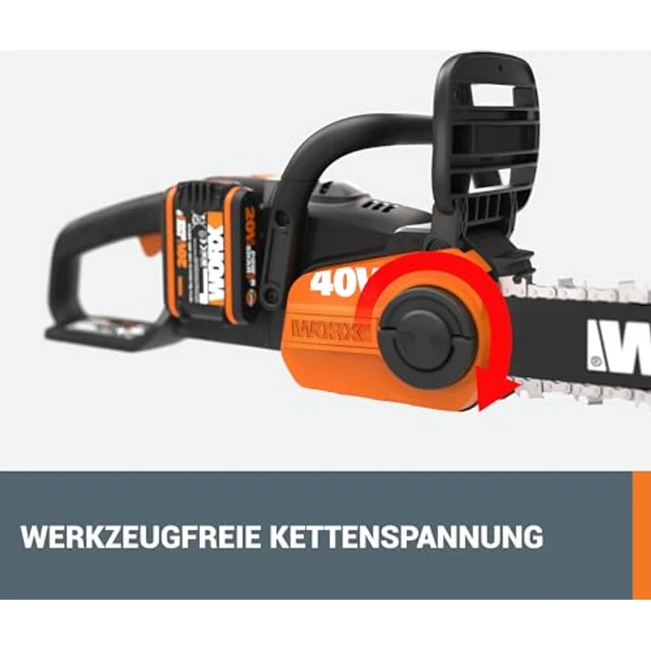 WORX 40V Akku Kettensäge WG384E, 2 x 2,0Ah, Powershare, Bürstenloser Motor, Werkzeugloses Kettenspannsystem, Schnellstopp-kettenbremse, Dual- ladegerät, 35cm Stablänge, 2 x 18V – Bild 5
