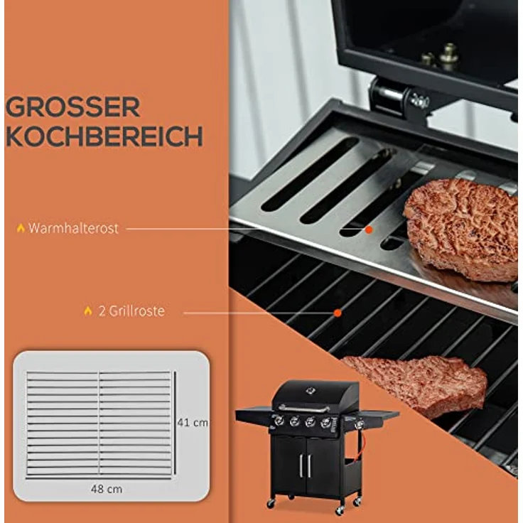 Outsunny Gasgrill BBQ mit 4 Brennern je 3 kw mobiler Grillwagen mit 4 Rädern Grillnetz Seitentischen Druckminderer Schläuche Schrank Multifunktion Stahl Schwarz 132,4 x 55 x 109 cm - Preisvergleich – Bild 4