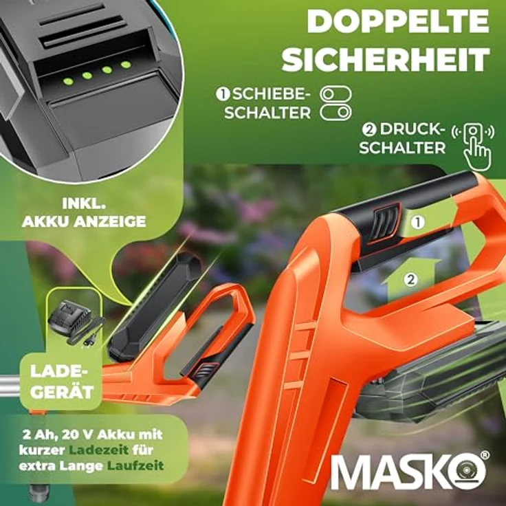MASKO Akku-Rasentrimmer mit 20 V Li-Akku, 2,0 Ah Akku und Ladegerät, Motorsense 26 cm Schnittkreis, 180° Trimmwinkel, Teleskop-Stiel & Zusatzhandgriff, inkl. 20 Messer Kunststoffklinge Orange – Bild 5