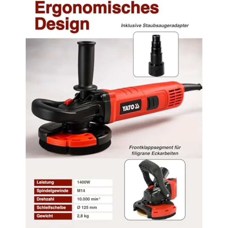 YATO Betonschleifer Betonfräse 1400W, Diamantschleifer 125 mm mit Drehzahlregelung und Absaughaube, für präzises Schleifen von Beton und Estrich – Bild 3
