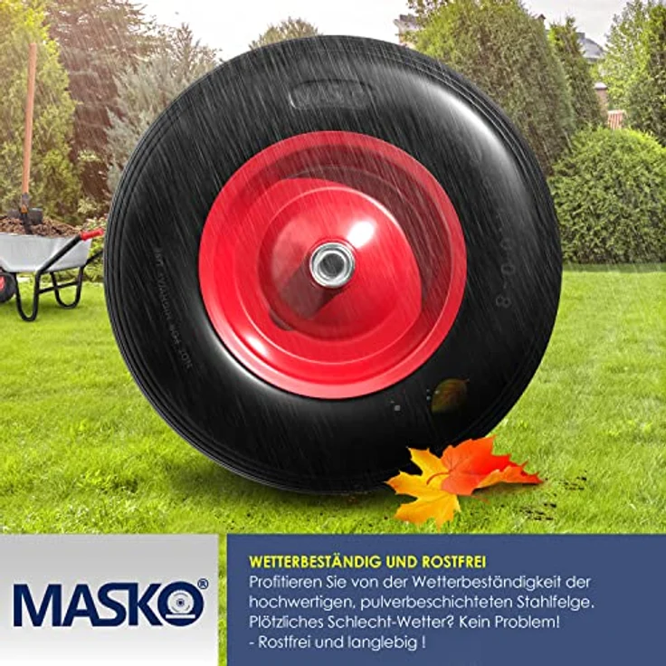 MASKO PU Schubkarrenrad Vollgummi 200 kg pannensicher 4.80-4.00-8 Ø 390mm inkl. Achse Ersatzrad Gummirad Stahlfelge Reifen pannensicher für Schubkarre Gartenkarren pannensicheres PU Rad Schwarz - Rot – Bild 5