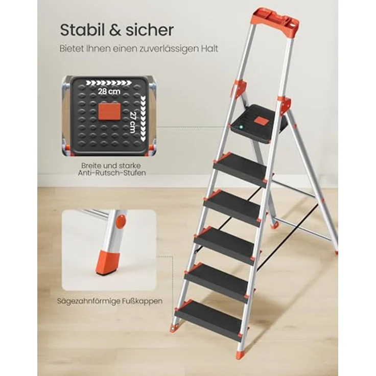 No_brand - Leiter 6 Stufen, Aluleiter mit 12cm breiten Stufen, Stehleiter mit Werkzeugschale, Klappleiter mit Anti-Rutsch-Füßen, max. statische – Bild 6