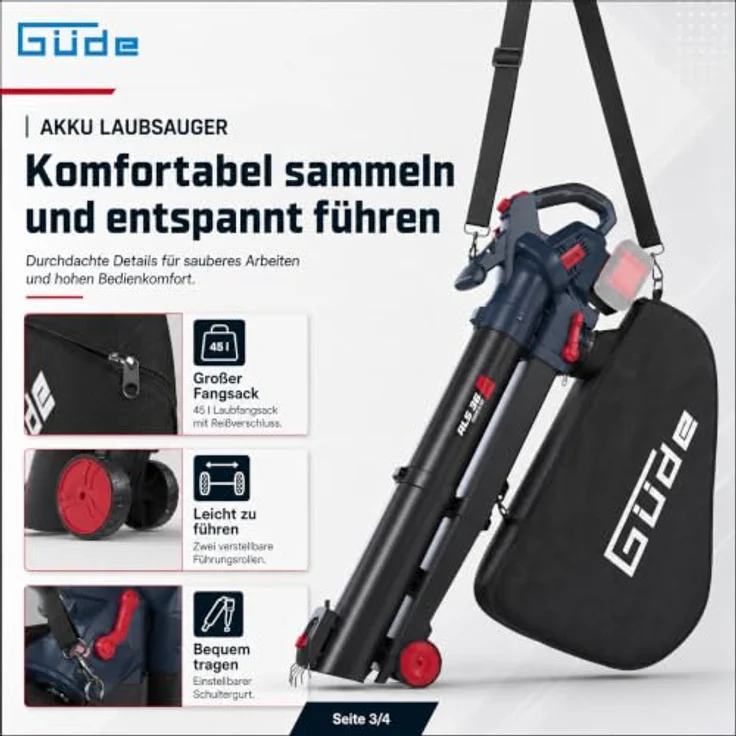 Güde Akku Laubsauger ALS 36-0, 18V Laubbläser mit 245 km/h Blasgeschwindigkeit, Häcksler-Funktion und 45 l Laubfangsack – Bild 3