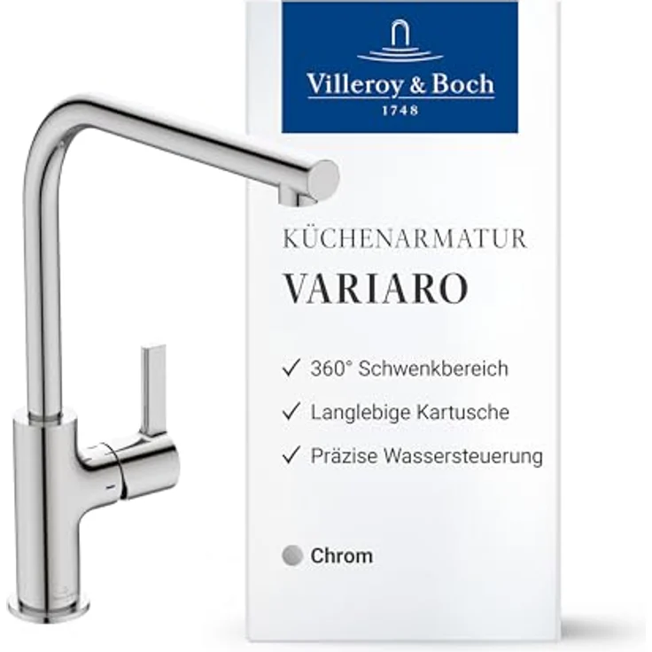 Villeroy & Boch Küchenarmatur Variaro, FirmaFlow® Kartusche, 360° schwenkbarer Auslauf, Schnellmontagesystem, Chrom-Finish – Bild 1