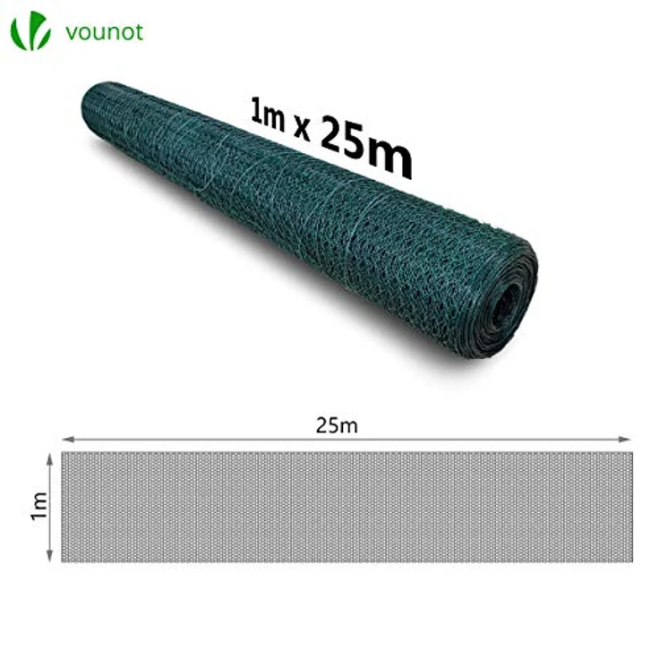 VOUNOT Drahtzaun Sechskantgeflecht, Maschendrahtzaun, PVC-Beschichtet Grün 1x25m, Maschenweite 25mm – Bild 8