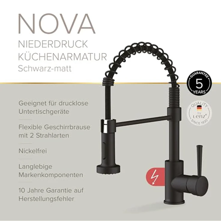 Lenz Küchenarmatur NOVA Niederdruckanschluss mit flexibler Pendelbrause, Chrom, 360° schwenkbar, Anti-Fingerabdruck Oberfläche – Bild 2
