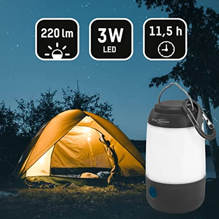 ANSMANN AG Mini Campinglampe, 3W LED mit 3 Leuchtfunktionen und Aufhängebügel, kompakte Taschenlampe – Bild 3