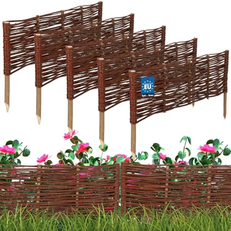 KOTARBAU® 5er Set Weidenzaun Beetbegrenzung, 60 x 20 cm, braun, wetterbeständig, flexible Beeteinfassung zum Stecken
