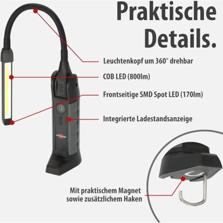 Brennenstuhl Professional Akku LED Handlampe HL 800 ACW, 800lm Arbeitsleuchte mit 15h Leuchtdauer, Magnet, tauschbarer Akku, Wireless Charging, inkl. USB C Kabel – Bild 3