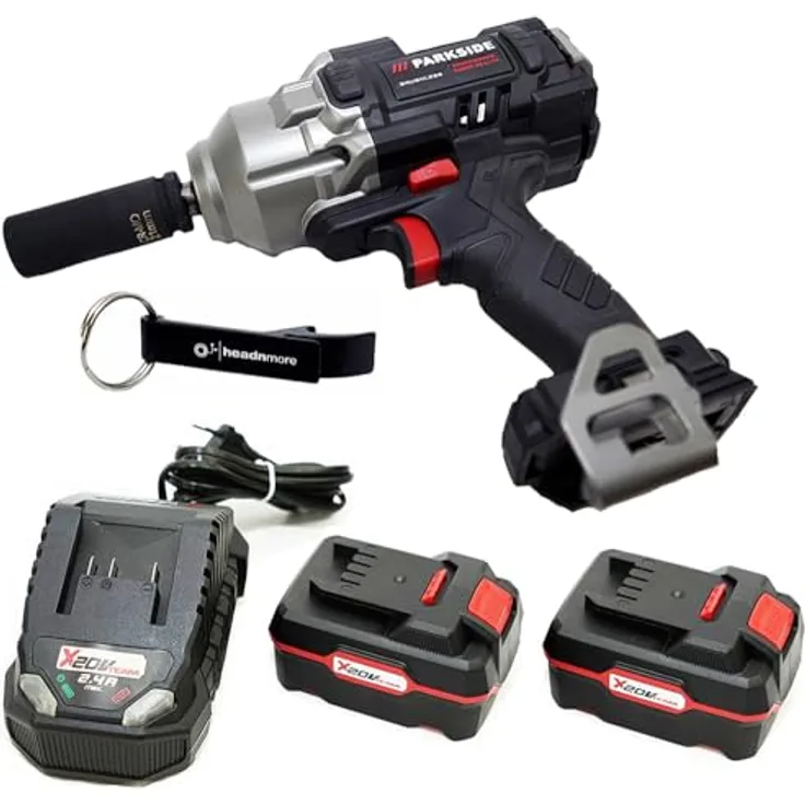 HEADNMORE® Bundle - 1x PARKSIDE PERFORMANCE® 20V Akku Drehschlagschrauber 1/2" PASSP 20 Schlagschrauber + 1x Schlüsselanhänger (2x4Ah Akku) - Bürstenloser Motor, Smart-App-LED, 3 Drehmomentstufen, 2 Akkus (4Ah), Aluminium-Rot