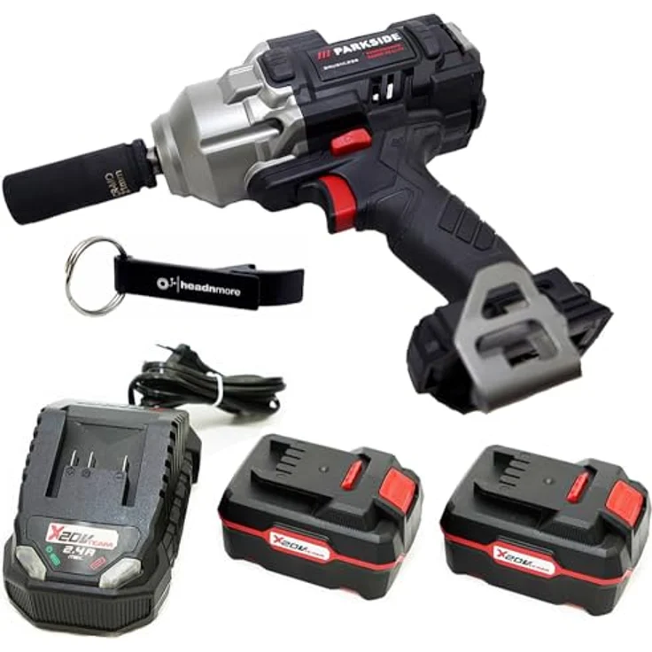 HEADNMORE® Bundle - 1x PARKSIDE PERFORMANCE® 20V Akku Drehschlagschrauber 1/2" PASSP 20 Schlagschrauber + 1x Schlüsselanhänger (2x4Ah Akku) - Bürstenloser Motor, Smart-App-LED, 3 Drehmomentstufen, 2 Akkus (4Ah), Aluminium-Rot – Bild 1