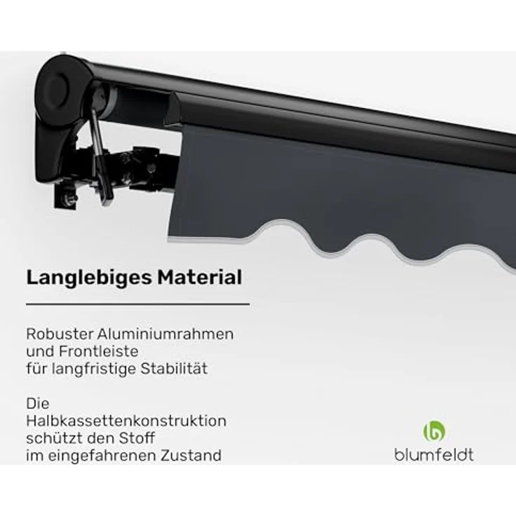 Blumfeldt CloudShade Markise, Elektrische Halbkassettenmarkise mit App & Fernbedienung, UV 30+ Schutz, Verstellbarer Neigungswinkel, Robuster Alurahmen, Einfache Wandmontage, 295x250 cm – Bild 4