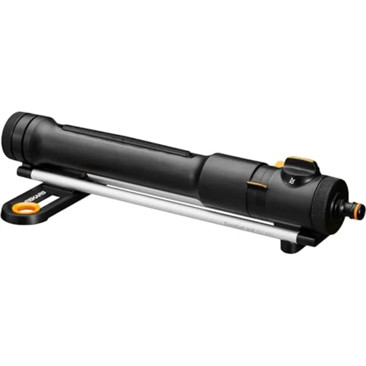 Fiskars Comfort Oszillierender Regner S–M, inkl. herausnehmbarem Filter und Düsenreinigungswerkzeug, Sprinkler für 150-300 m², Schwarz/Orange