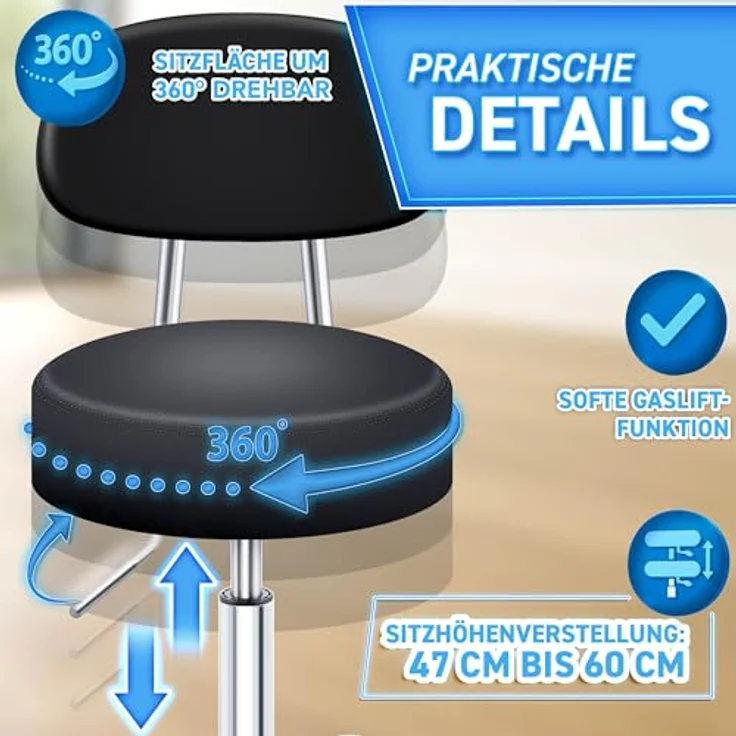 TRESKO Rollhocker Schwarz mit Lehne Arbeitshocker Hocker Drehhocker Kosmetikhocker Praxishocker – Bild 6