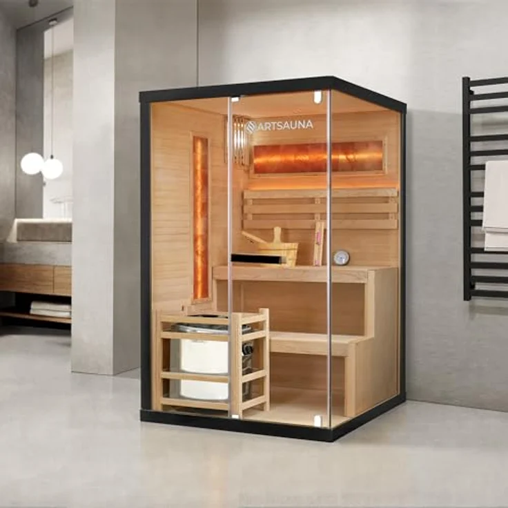 Artsauna Sauna Vantaa 120, Moderne 2 Personen Saunakabine mit Salzsteinen und Ambientebeleuchtung, Schwarz/Natur – Bild 2