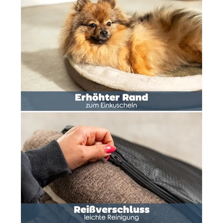 lionto Hundekörbchen rund in Donut-Form, Ø 65 cm, waschbarer Bezug, Anti-Rutsch-Noppen, kuscheliges Heimtierkissen aus Oxford-Leinen & Plüsch, braun – Bild 3