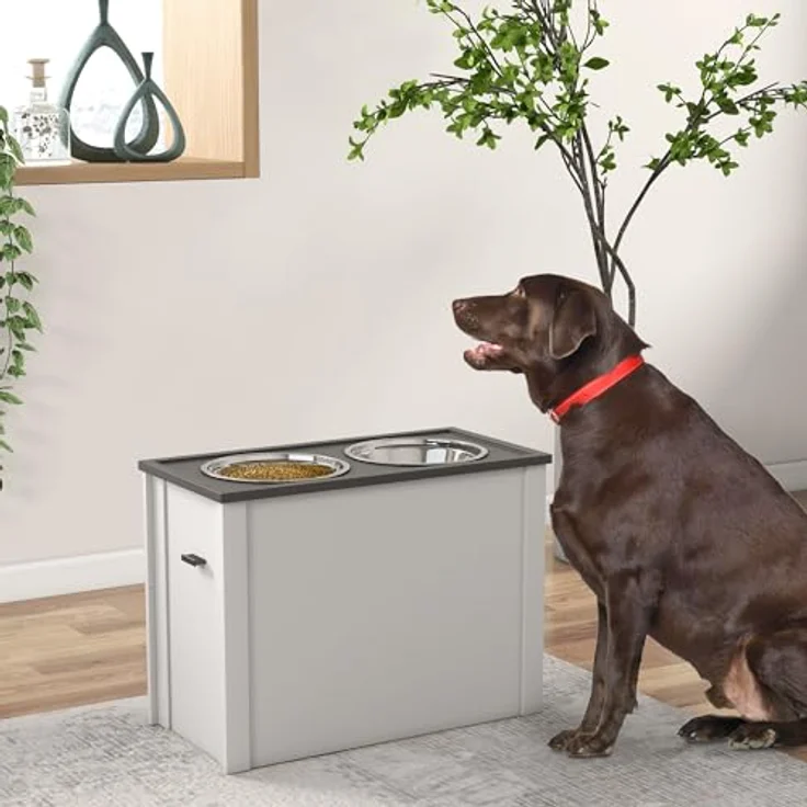 PawHut Hundenapf, Hunde Futterstation mit Stauraum, Wassernapf, Napfständer mit 2 L Edelstahlschüsseln, Hundenapfständer, Fressnapf für Große Hunde, Weiß – Bild 2