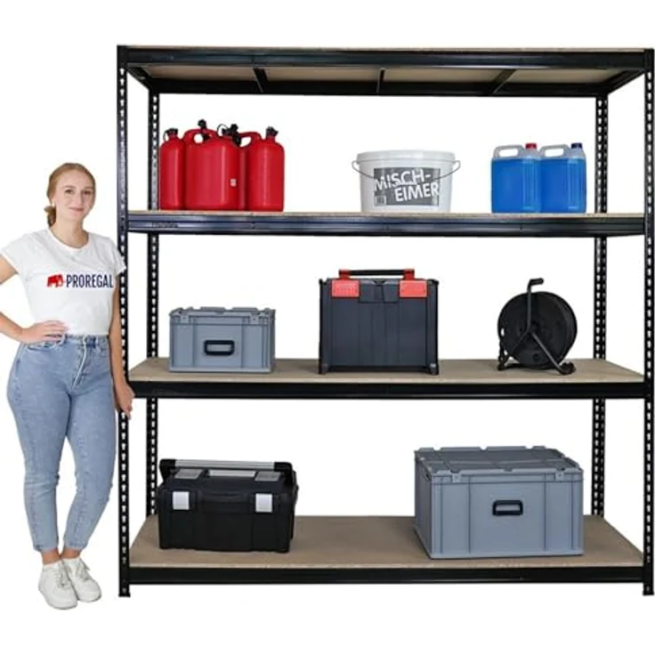 Proregal Schwerlastregal BISON, Traglast 600 kg pro Boden, 4 Fachböden, 200 x 200 x 60 cm, schwarz – Bild 6