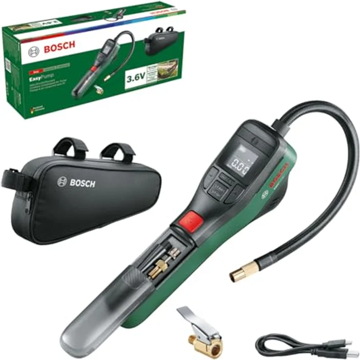 Bosch EasyPump elektrische Fahrradpumpe/Luftpumpe/Mini Kompressor (3,0 Ah Akku; 3,6 Volt; Autostop-Funktion; 150 PSI; 10,3 bar; LED; USB-C®; 3x Adapter; Fahrradtasche) – Bild 1