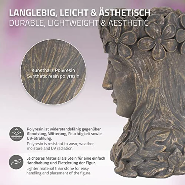 ML-Design Pflanztopf Frauenkopf Figur 21x16x32 cm Bronze Kunstharz, Innen/Außen, Groß Büste Skulptur, Weiblich Mädchen Statue Dame Gesicht Pflanzgefäß Blumentopf Übertopf Pflanzer Gartendeko Vase Urne – Bild 3